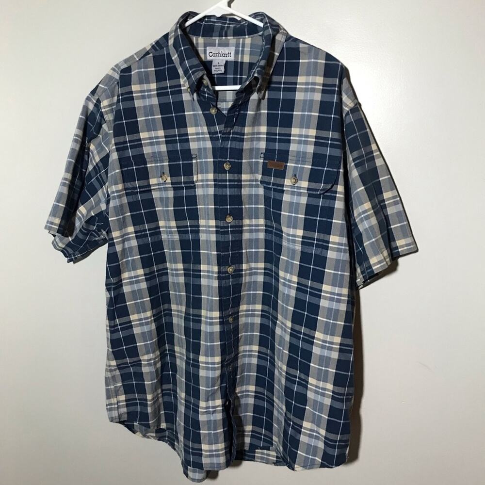 Carhartt mens L cotton blue plaid short sleeve button down shirt workwear
